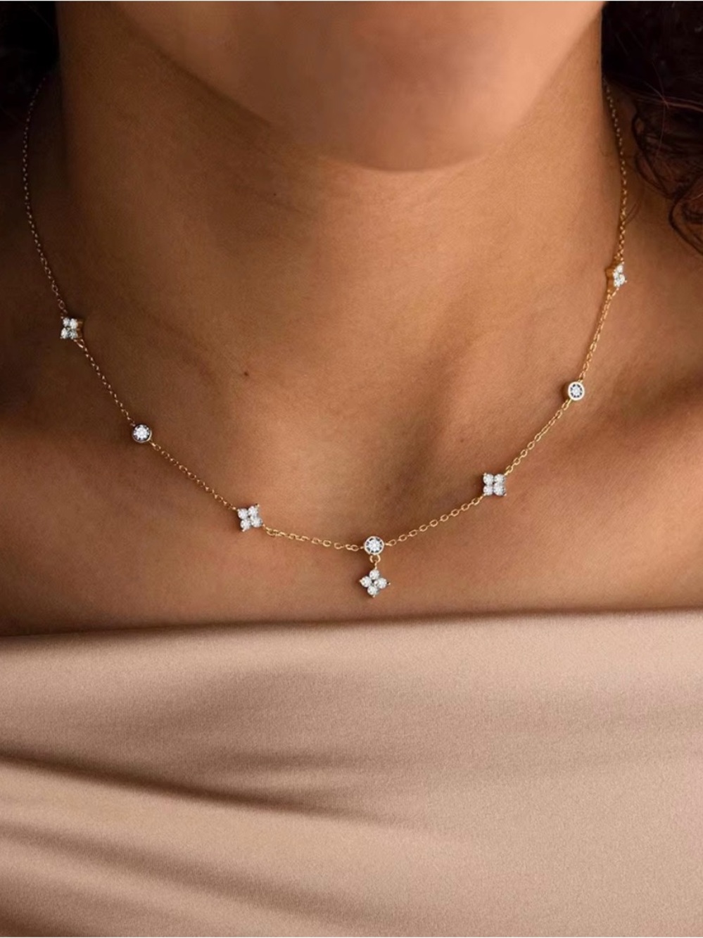 Delicate White Crystal Floral Station Necklace - Necklaces